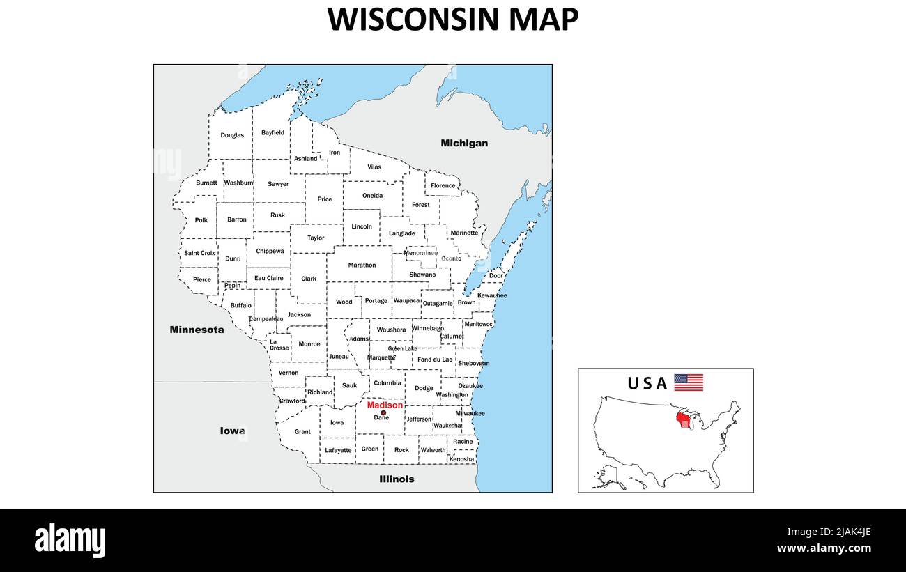 Mappa del Wisconsin. Mappa dello stato e del distretto del Wisconsin. Mappa politica del Wisconsin con paesi e confini vicini. Illustrazione Vettoriale