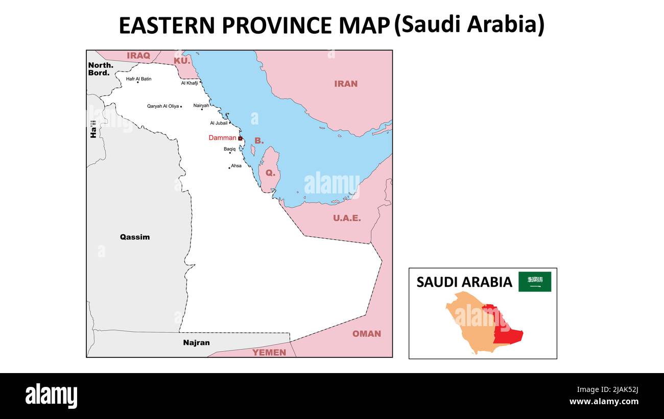 Mappa della provincia orientale. Mappa politica della Provincia Orientale. Provincia Orientale Mappa dell'Arabia Saudita con colore bianco. Illustrazione Vettoriale