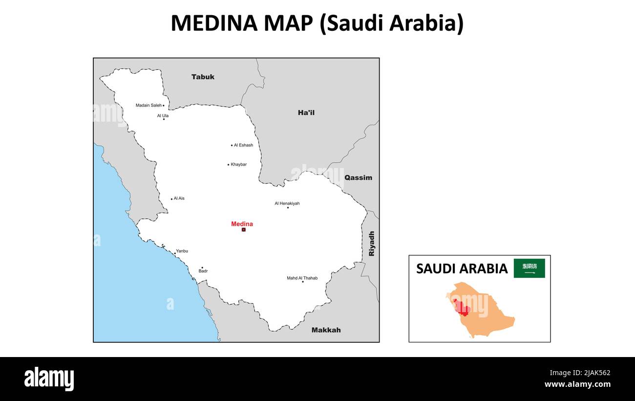Mappa Medina. Mappa politica di Medina. Medina Mappa dell'Arabia Saudita con colore bianco. Illustrazione Vettoriale
