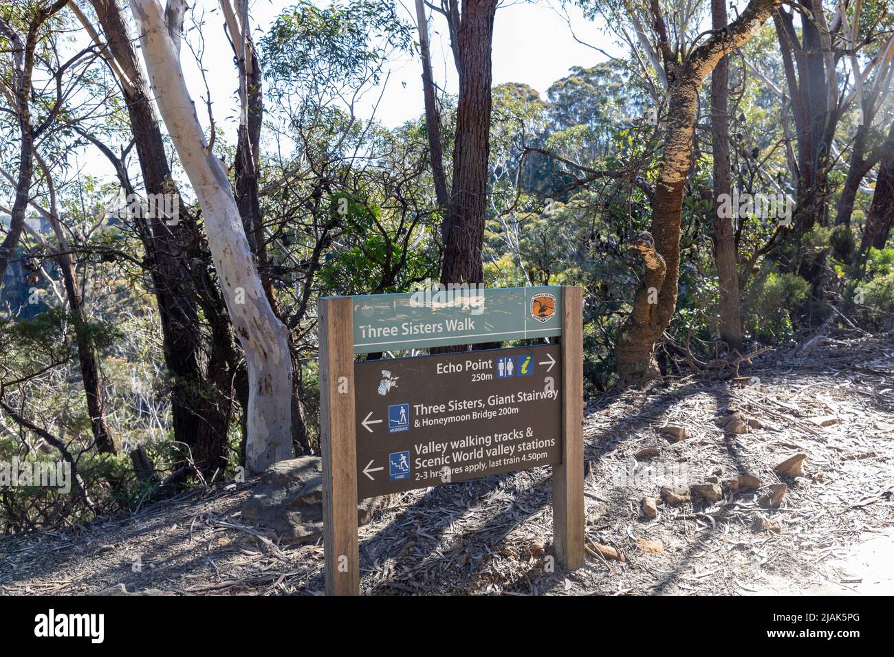 Three Sisters Walk nel parco nazionale delle Blue Mountains NSW, con cartello dei parchi che fornisce indicazioni per il Giant Stairway e il Scenic World, New South Wales Foto Stock