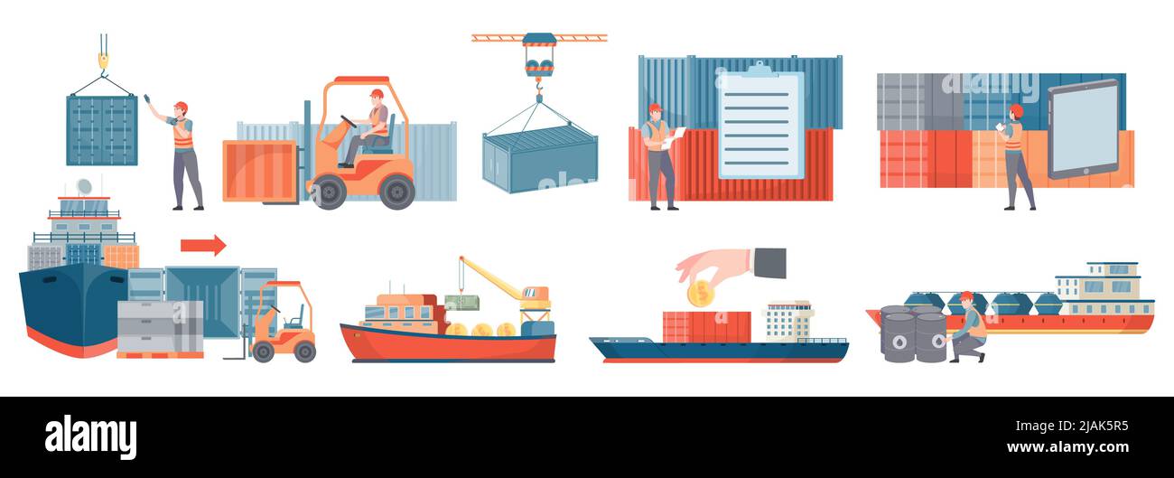 Icone piatte per navi da commercio Set di consegna trasporto marittimo e attrezzatura per trasbordo carico illustrazione vettoriale isolata Illustrazione Vettoriale