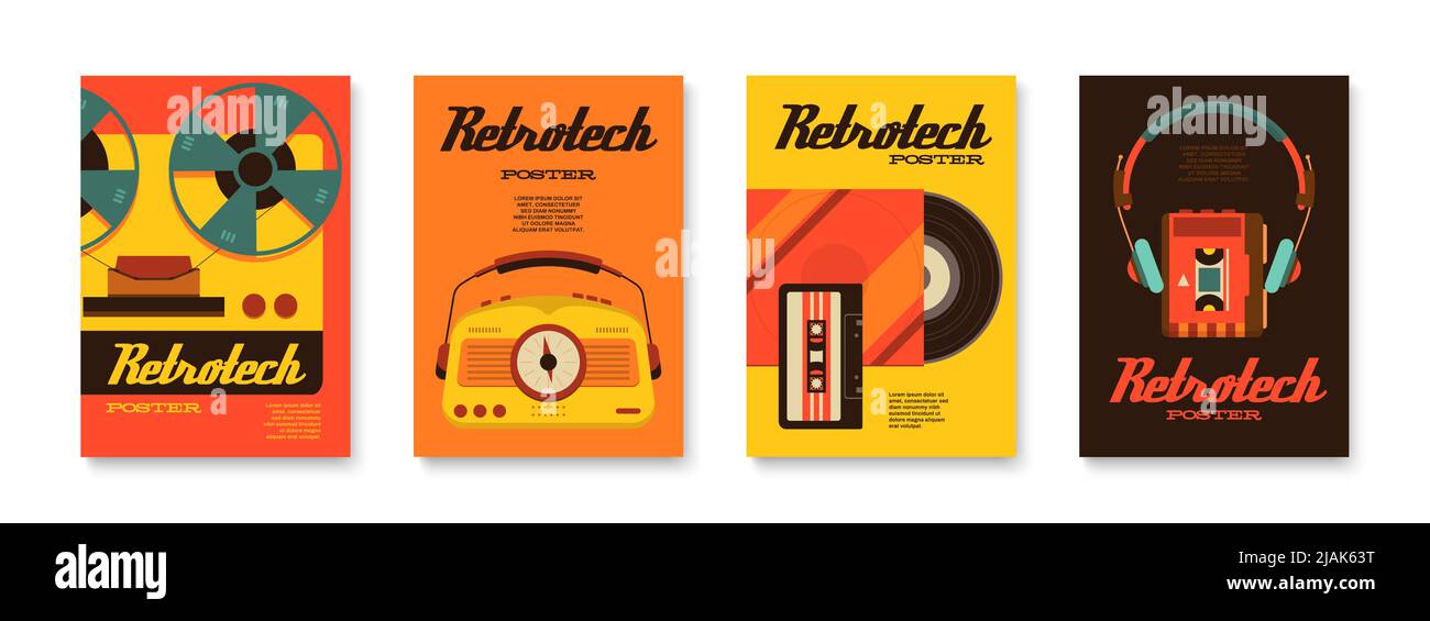 Tecnologia retrò Set di quattro poster verticali con immagini di testo ornate di cassette in vinile e illustrazione vettoriale a nastro Illustrazione Vettoriale