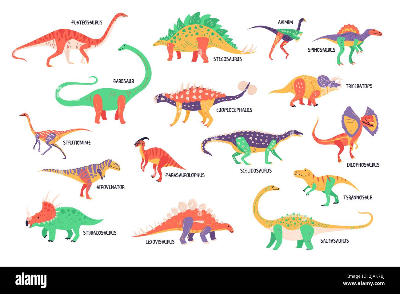 Dinosauri Set di icone colorate isolate di dinosauri con le ali delle code corna e testo modificabile didascalie illustrazione vettoriale Illustrazione Vettoriale