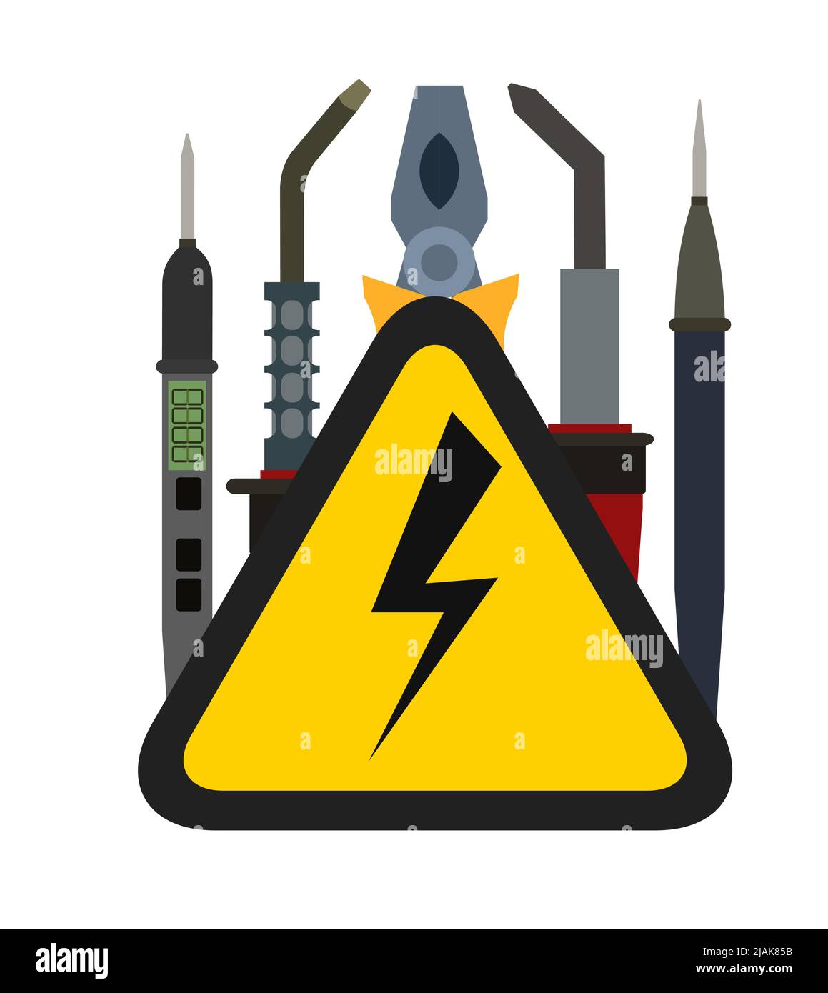 Attrezzi per elettricista. Riparazione di apparecchiature radio elettroniche e a microprocessore. Componenti di ricambio e assistenza. Isolato su sfondo bianco. Canta Illustrazione Vettoriale