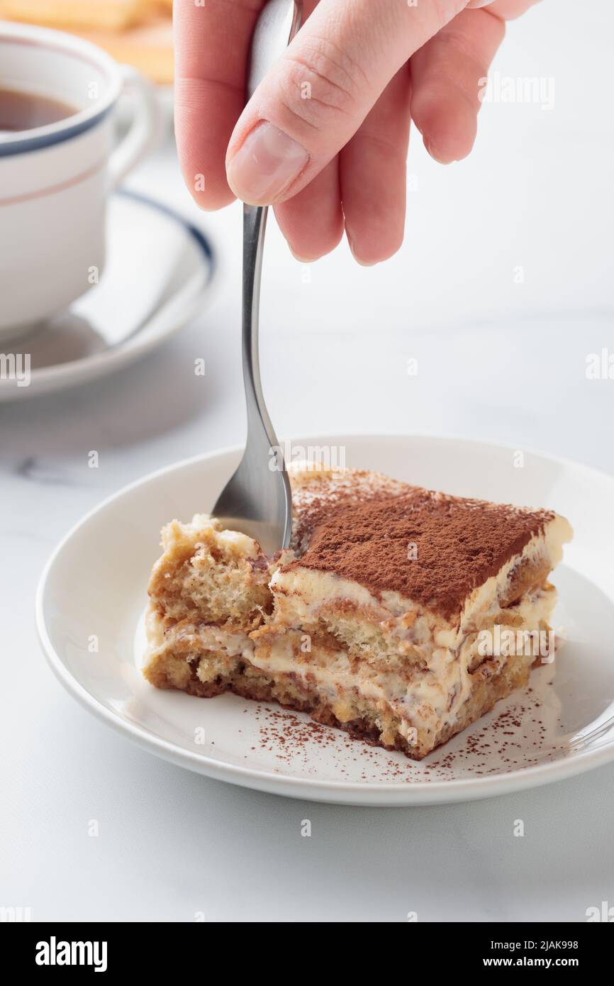 Pezzo di dolce Tiramisù fatto in casa su sfondo di marmo bianco Foto stock  - Alamy