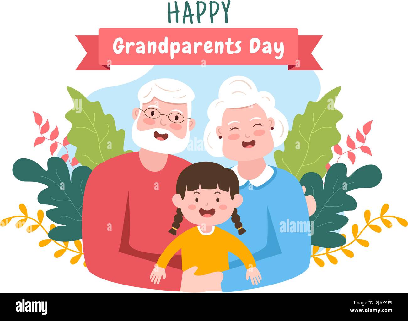 Buon giorno dei nonni cartotone carino illustrazione con nonno, coppia più anziana, decorazione del fiore, nonna e nonna nello stile piatto per il Poster Illustrazione Vettoriale