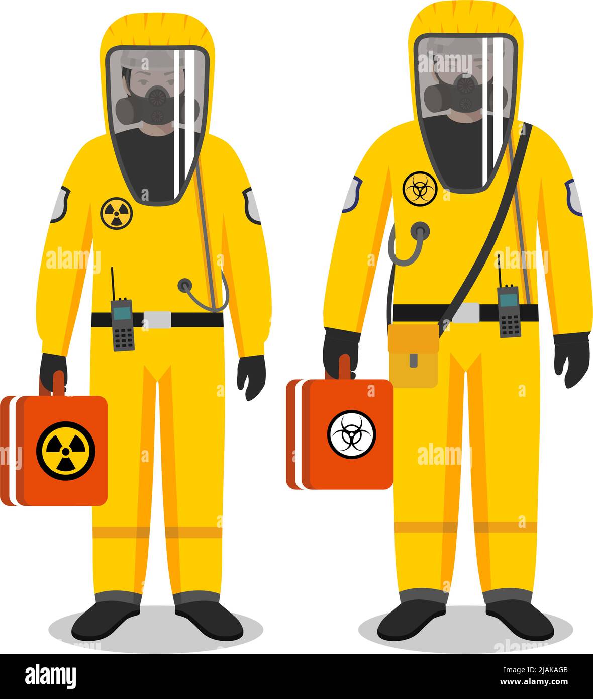 Illustrazione dettagliata dell'uomo e della donna dei lavoratori in tute protettive gialle su sfondo bianco in stile piatto. Professione pericolosa. Illustrazione vettoriale Illustrazione Vettoriale