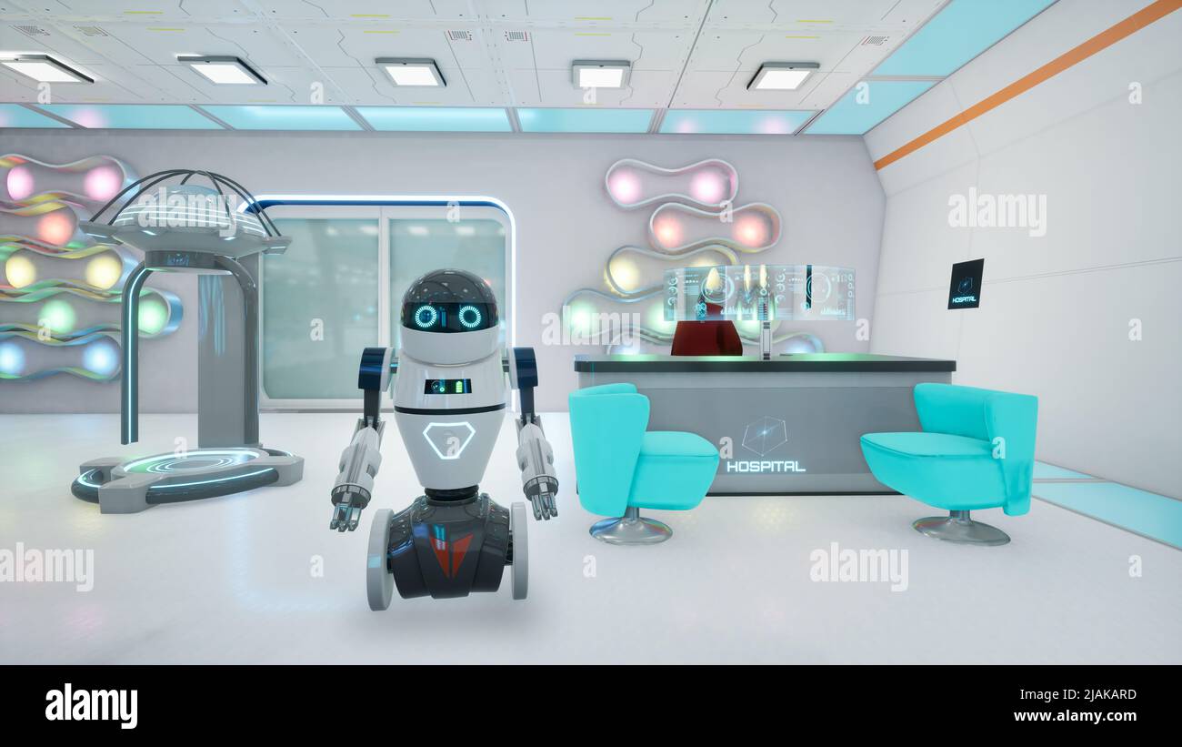 Robot receptionist in ospedale, concetto metaverse. 3d rendering Foto Stock