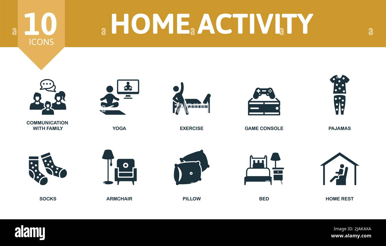 Icona impostazione attività home. Icone modificabili tema di attività domestica come la comunicazione con la famiglia, l'esercizio fisico, pigiami e molto altro. Illustrazione Vettoriale