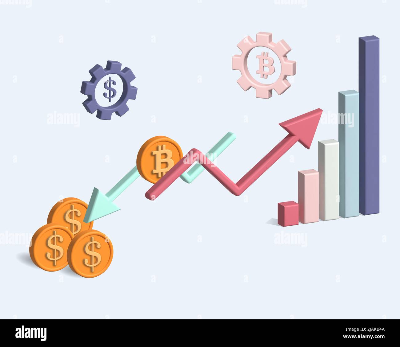 frecce di crescita e caduta dei pilastri del grafico e monete. Il concetto di crisi finanziaria. 3d rendering Foto Stock