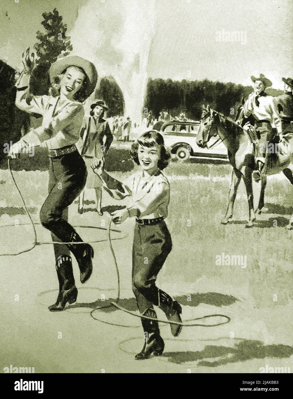 Un'immagine degli anni '40 di cowgirls (possibilmente una madre ed un bambino) che ballano o si esibiscono con i lariats (lassoos) Foto Stock