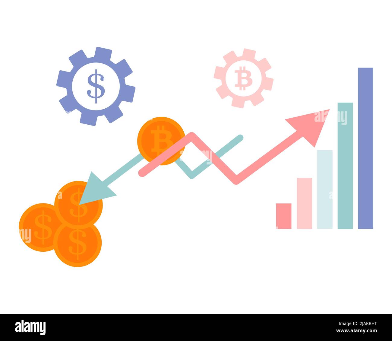 frecce di crescita e caduta dei pilastri del grafico e monete. Il concetto di crisi finanziaria. Illustrazione Vettoriale