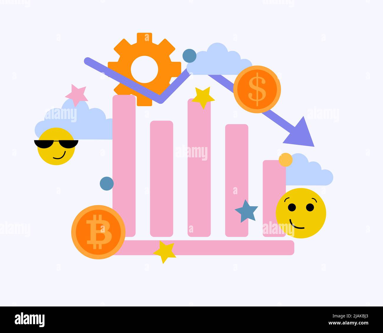 Grafico di crescita e declino. Il concetto di crisi economica. Il grafico rosa è fluttuante nelle nuvole. Illustrazione Vettoriale