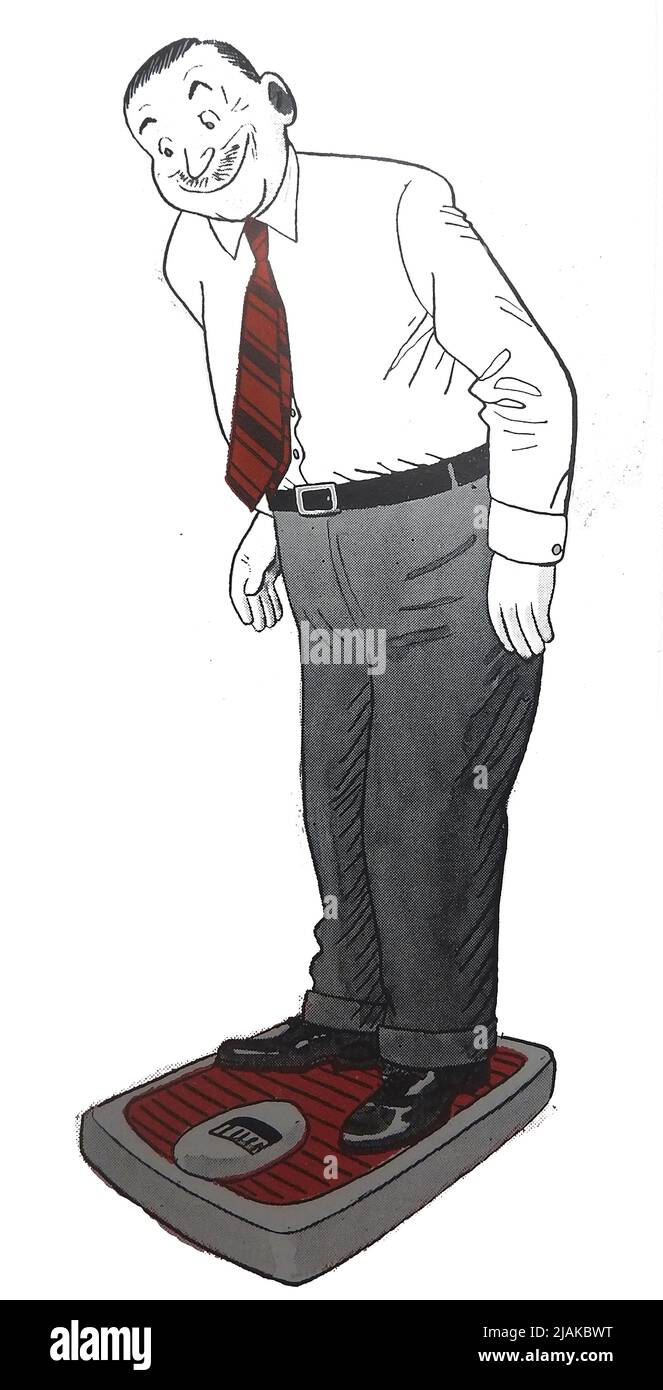 Un fumetto degli anni '40 di un uomo che pesa se stesso, completamente vestito, su bilance da bagno Foto Stock