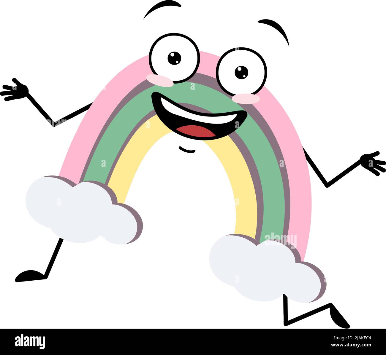 Carino personaggio arcobaleno con folle emozione felice, viso gioioso, occhi sorridenti, braccia e gambe danzanti. Persona con espressione e posa divertenti. Illustrazione piatta vettoriale Illustrazione Vettoriale