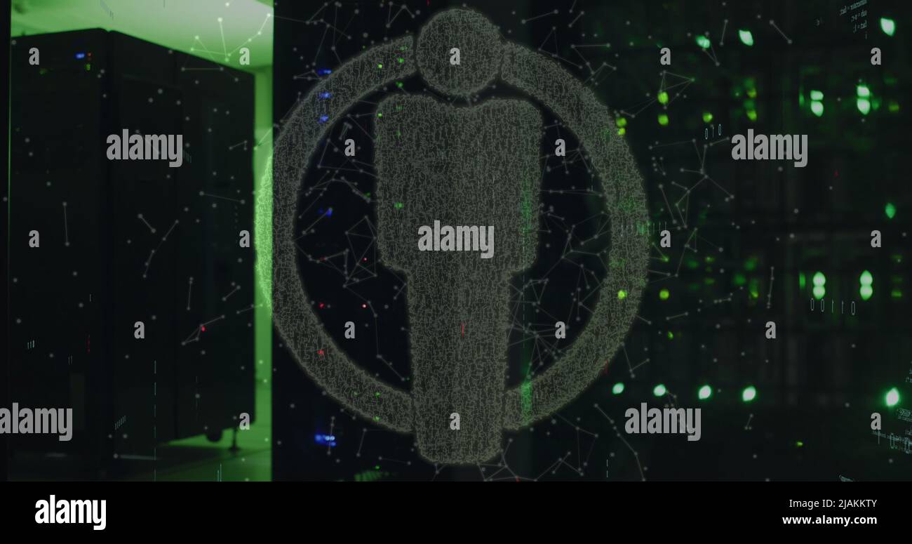 Immagine dell'icona delle persone e dell'elaborazione dei dati nella sala server Foto Stock