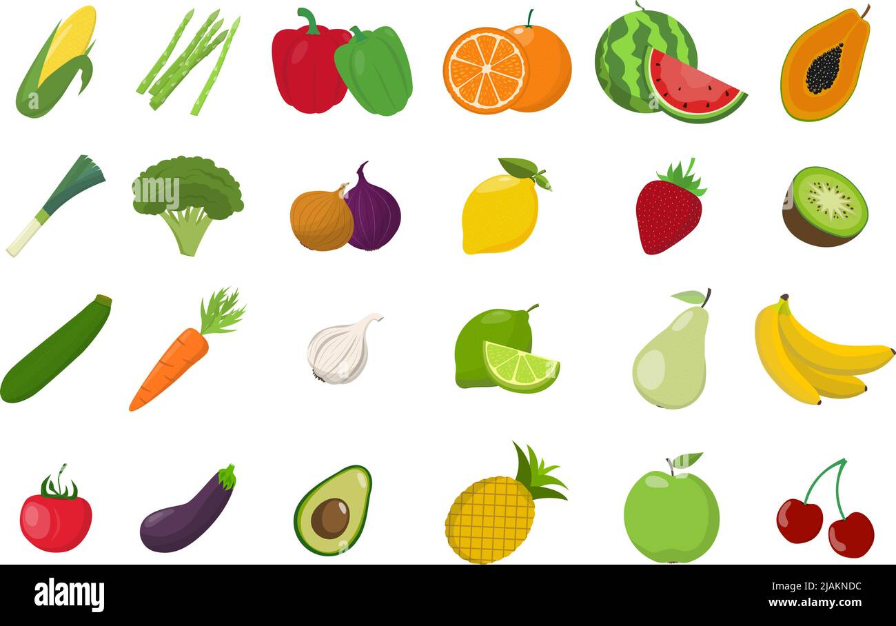 grande collezione di frutta e verdura, set di icone con disegno piatto,  illustrazione vettoriale Immagine e Vettoriale - Alamy