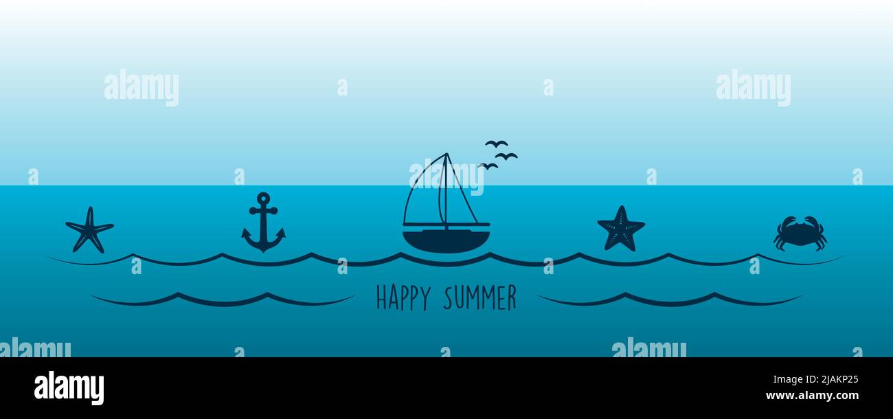 estate vacanza marina design banner mare barca shell stelle marine ancher Illustrazione Vettoriale