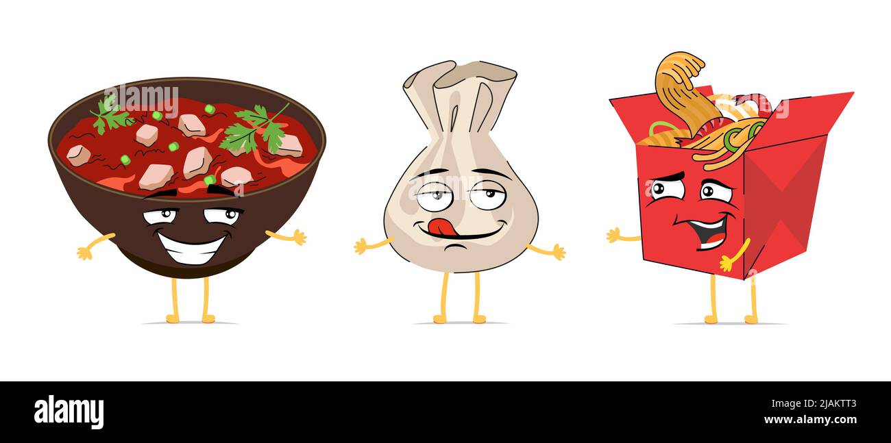 Set di personaggi fumetti di cibo cinese divertente. Cina cucina cute faccia espressione collezione mascotte. Tofu tofu mapo asiatico gioiosa ciotola. Dim sum fumetto sorridente. Buon wok noodle box. Illustrazione delle emoticon vettoriali Illustrazione Vettoriale