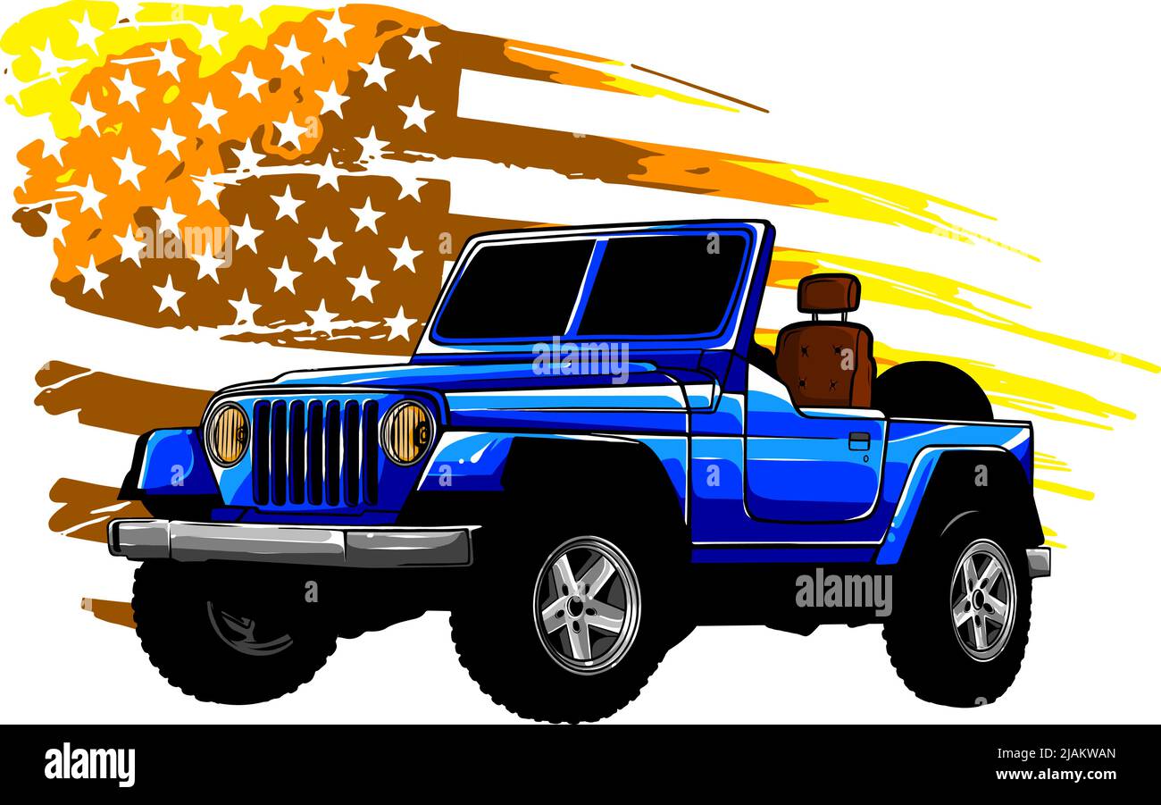 auto offroad e illustrazione vettoriale della bandiera americana Illustrazione Vettoriale