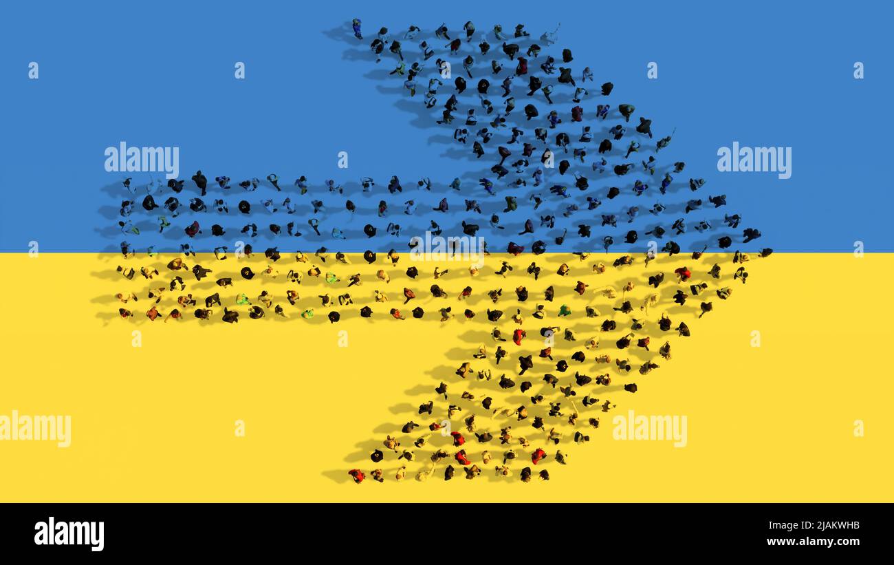 Concetto o comunità concettuale di persone che formano il cartello stradale sulla bandiera Ucraina. 3d metafora illustrativa per decisione, strategia, leadership Foto Stock