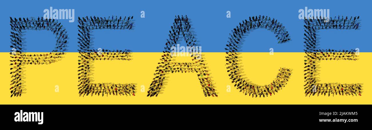 Concetto concettuale grande comunità di persone che formano la parola DI PACE sulla bandiera Ucraina. 3d illustrazione metafora per patriottismo, fermare la guerra, la libertà Foto Stock