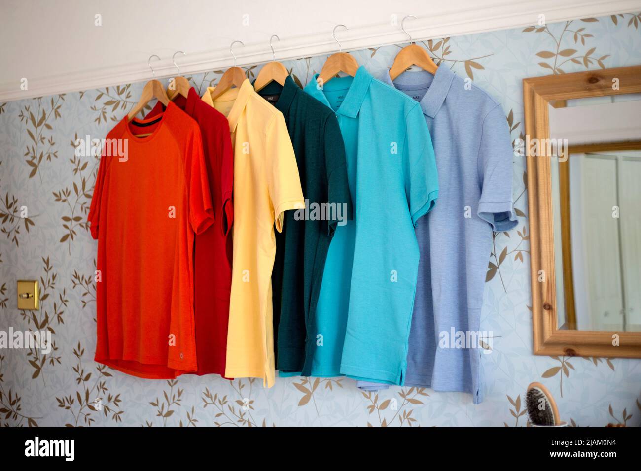 Una fila colorata di magliette polo da uomo appena riciclate si aggrappano a un binario per le foto in una camera da letto Foto stock Alamy