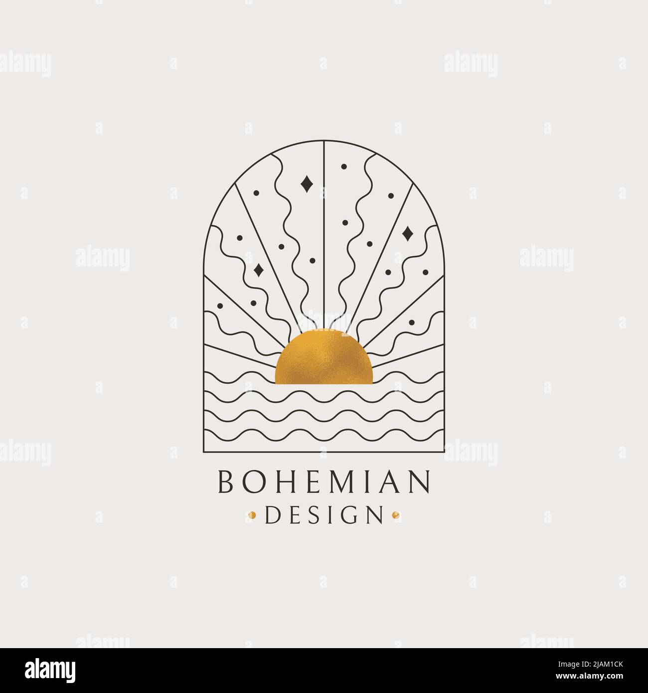 Logo Boho. Disegno bohemien isolato vettoriale con sole e onde oceaniche. Emblema di linea alla moda con texture oro. Illustrazione Vettoriale