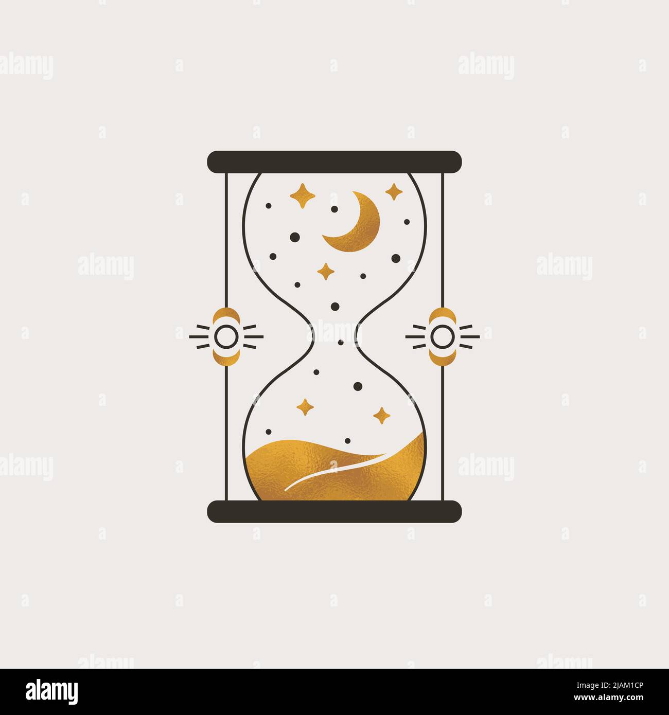 Logo in clessidra. Illustrazione boho alla moda con sandglass, luna e stelle. Emblema esoterico isolato vettoriale con struttura in lamina d'oro. Illustrazione Vettoriale