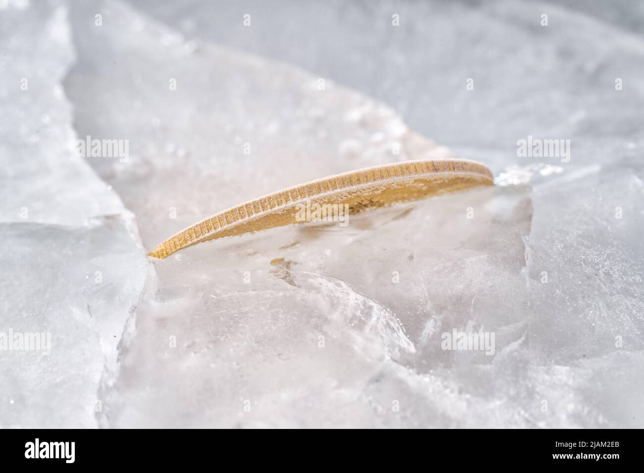 Una moneta d'oro a bordo congelata in ghiaccio. Congelamento delle attività finanziarie, congelamento del mercato, declino delle attività, crisi e stagnazione Foto Stock