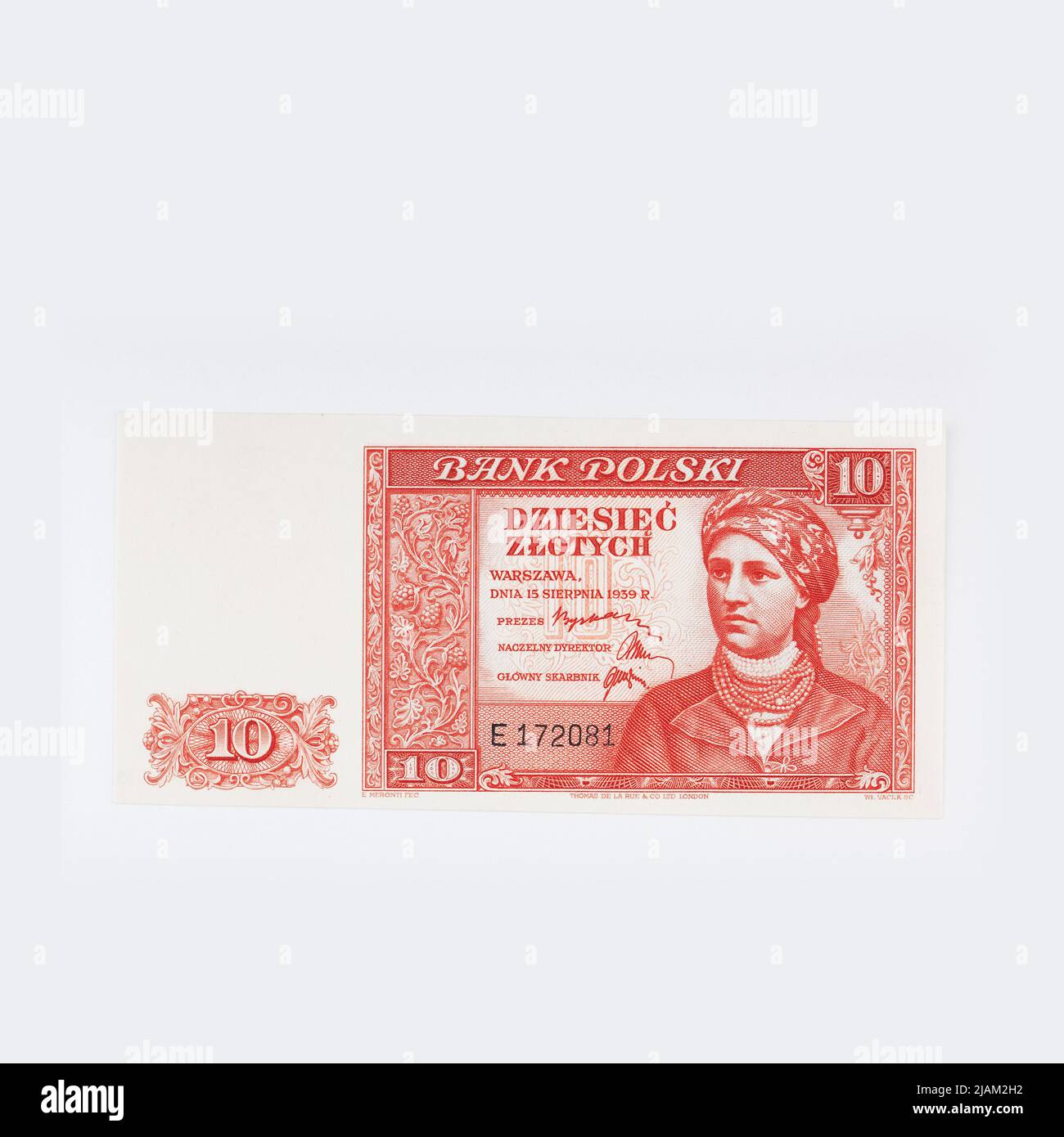 Banconota da 10 PLN, Banca di Polonia in esilio (1939-1945), 15.08.1939, Nieobiegieg Meronti, E., Vacek, Włodzimerz (1887 1961), Thomas de la Rue & Co LD London, Banca di Polonia Foto Stock