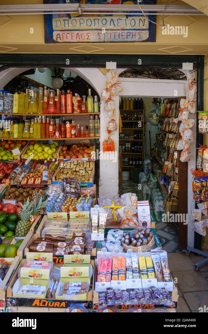 Negozio di alimentari, Corfù Town, Corfù o Kerkyra, Grecia Foto Stock