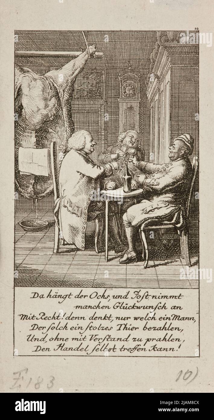 Illustrazione per i mesi o le stagioni per il calendario della famiglia di Lauenburg per 1778 tre uomini con i vetri nelle loro mani si siedono al tavolo (Konigl. Grossbrit. Churf: Braunsch. Luneb. Calender genealogico, il 1778 anno Lauenburg Bey Joh. Georg Berenberg ), Daniel Nikolaus (1726 1801) Foto Stock