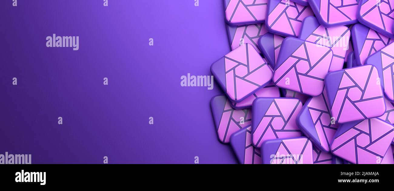 Logo del programma software per l'editing di foto e immagini Affinity Photo su un heap su un tavolo. Spazio di copia. Formato banner Web. Foto Stock