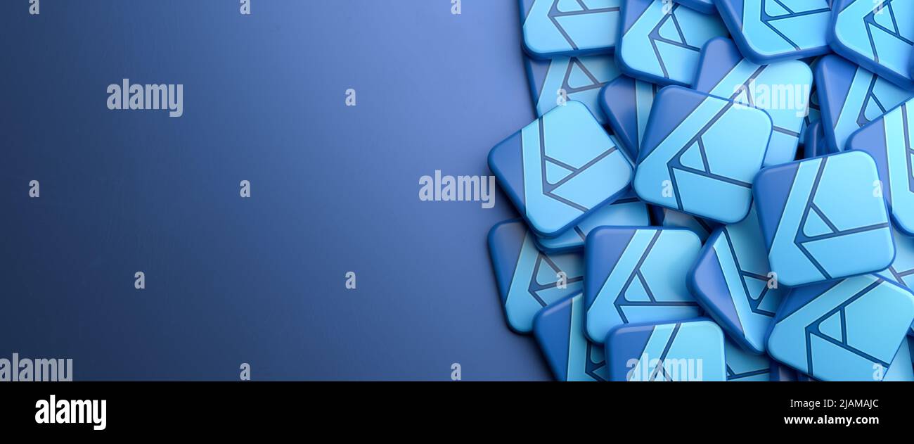 Logo del software di modifica grafica vettoriale Affinity Designer su un heap su una tabella. Spazio di copia. Formato banner Web. Foto Stock