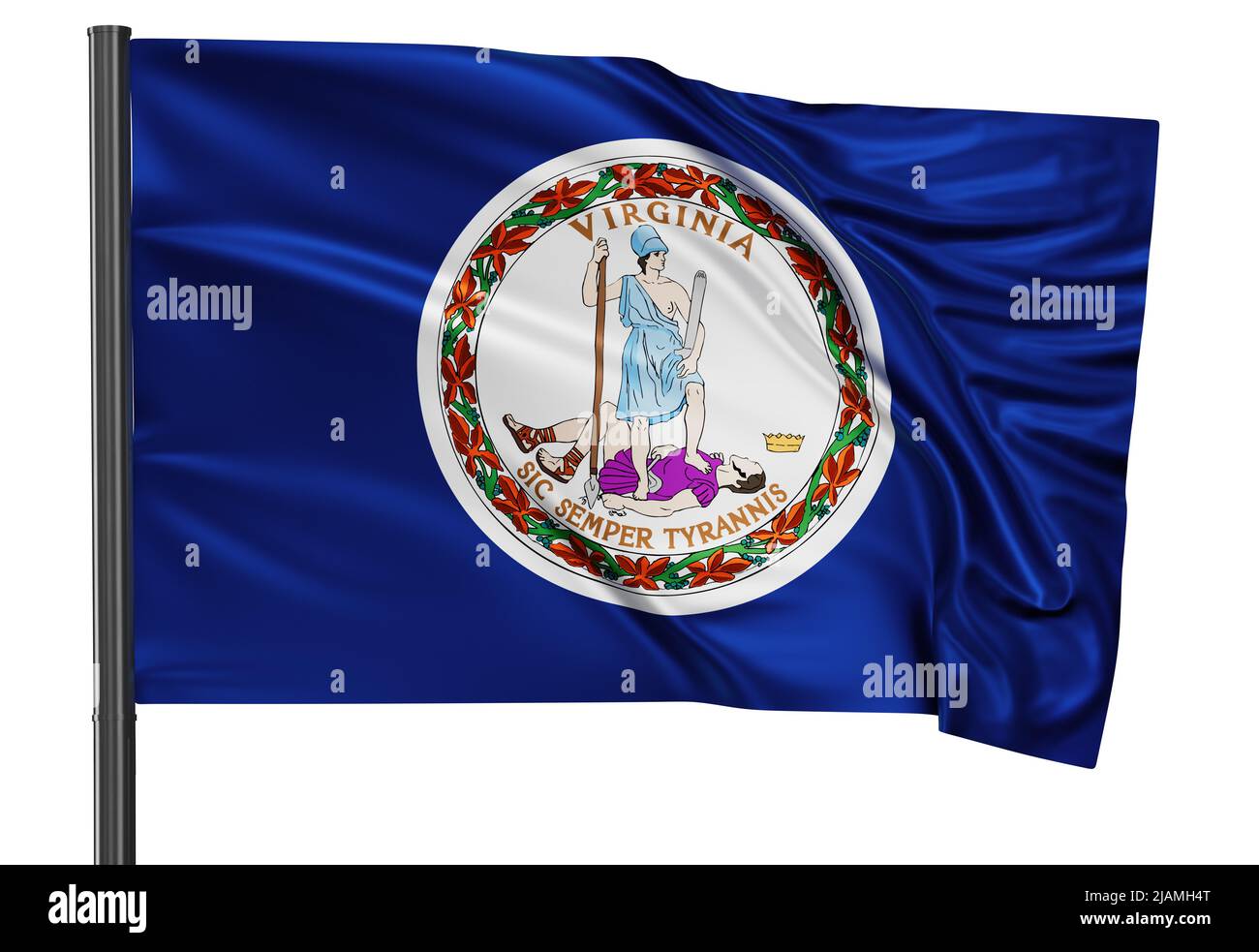 Virginia Stati Uniti bandiera ondeggiante nel vento isolato su sfondo bianco Foto Stock
