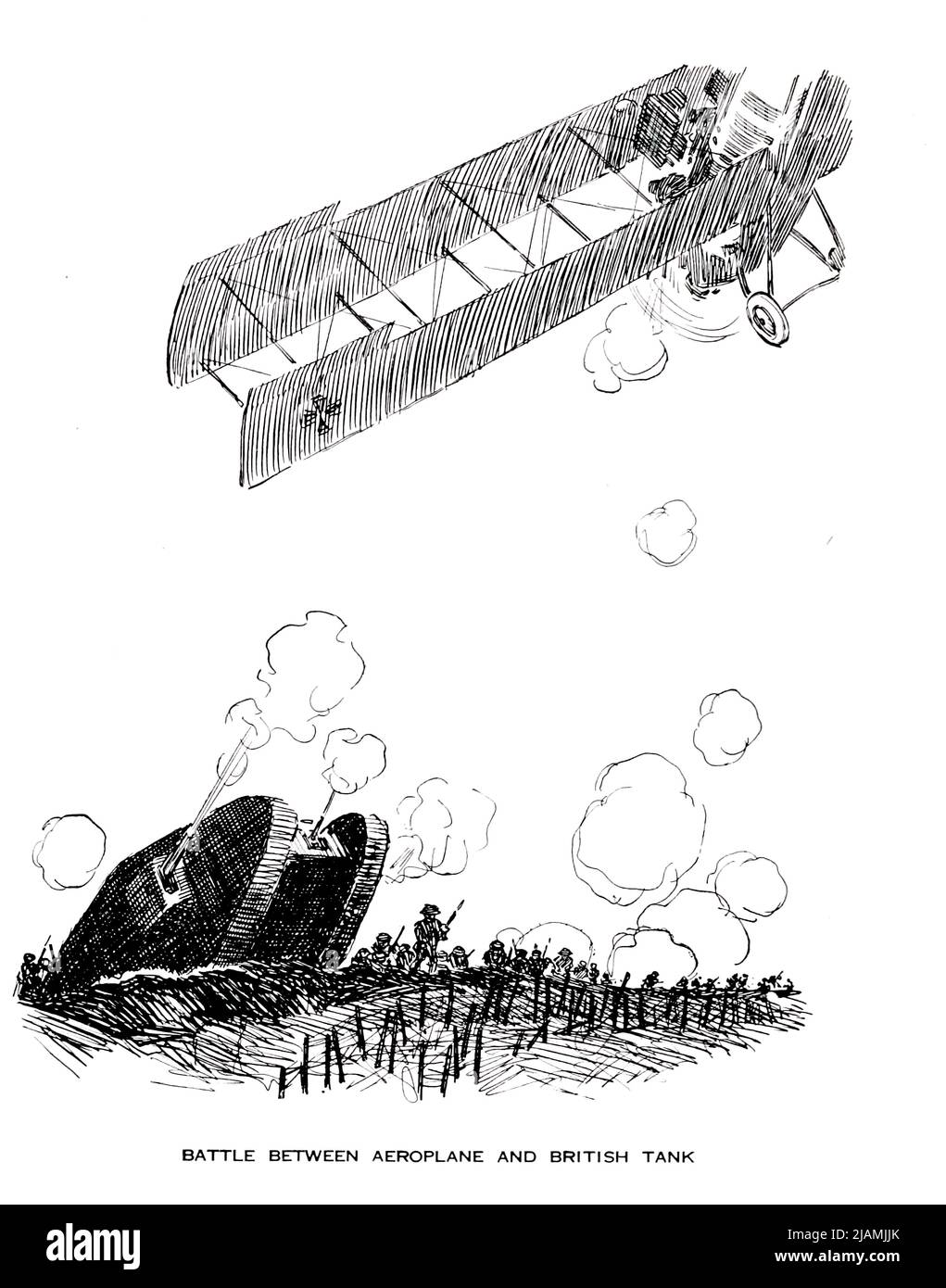 Battaglia TRA AEROPLANO E CARRO ARMATO BRITANNICO dal ' Aviation book ' di Haywood Leslie Davis, anno di pubblicazione 1918 Editore New York, McLoughlin Brothers, inc. Foto Stock