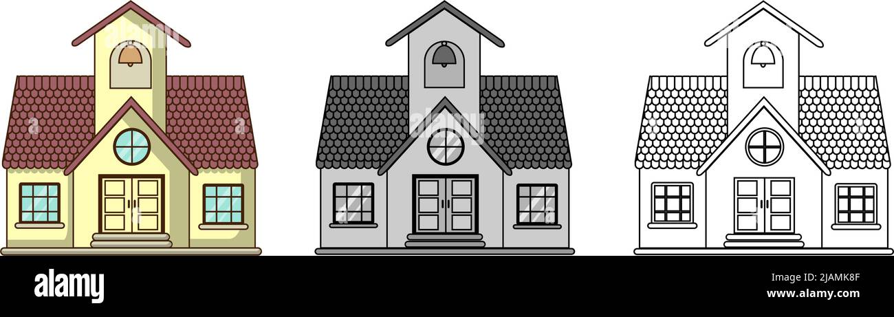 Chiesa cute design. Illustrazione vettoriale a colori, monocromatica e lineare piatta isolata su sfondo bianco Illustrazione Vettoriale