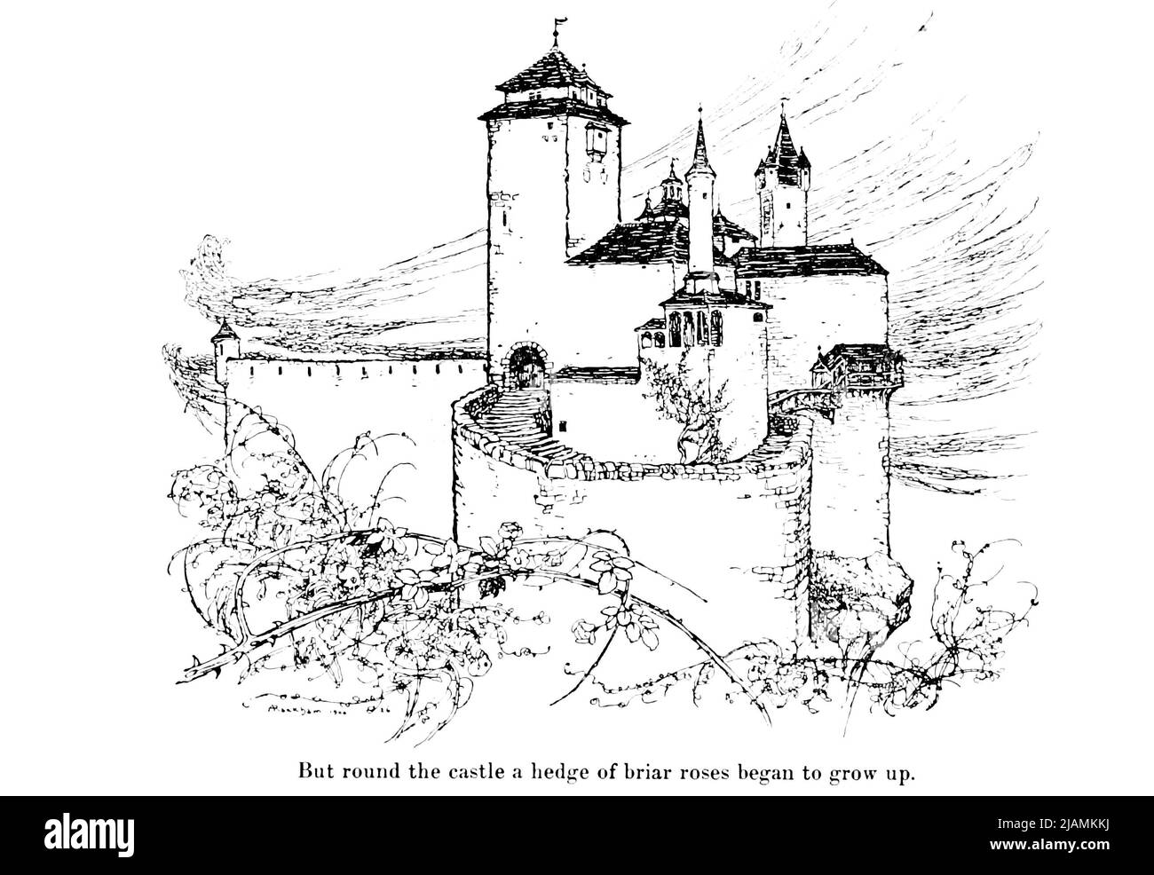 Ma intorno al castello una siepe di rose briari cominciò a crescere dalla storia ' Briar Rose' dal libro ' le fiabe dei Fratelli Grimm ' illustrato da Arthur Rackham Foto Stock