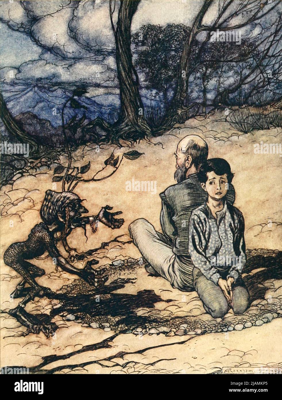 Il Figlio fece un cerchio, e suo Padre e lui prese i loro posti dentro di esso, e il piccolo mannichino nero apparve dalla storia " il Re della montagna d'Oro " dal libro " le fiabe dei Fratelli Grimm " illustrato da Arthur Rackham Foto Stock