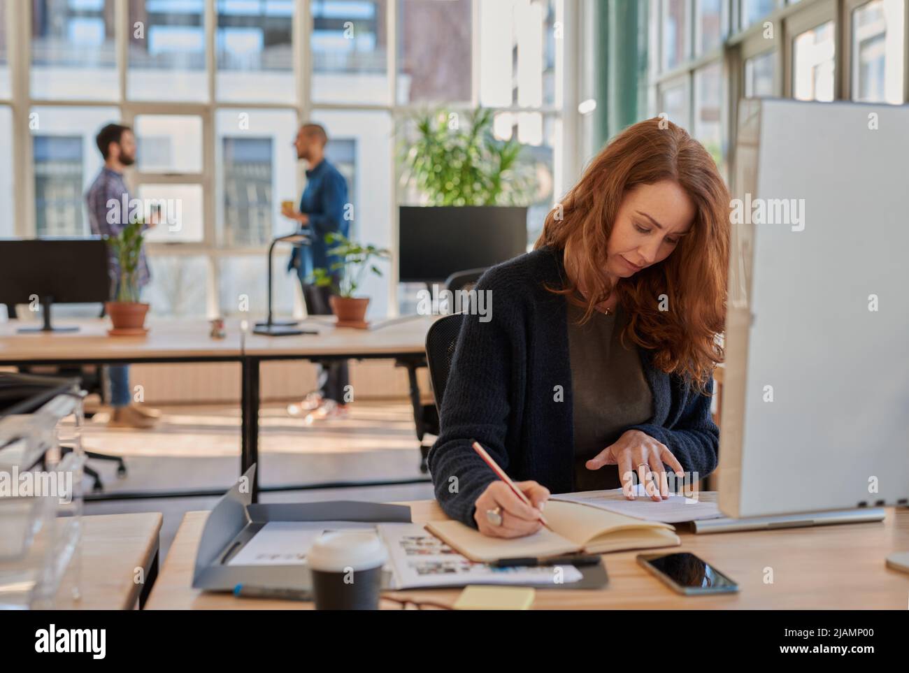Donna d'affari che lavora alla sua scrivania d'ufficio con colleghi in background Foto Stock