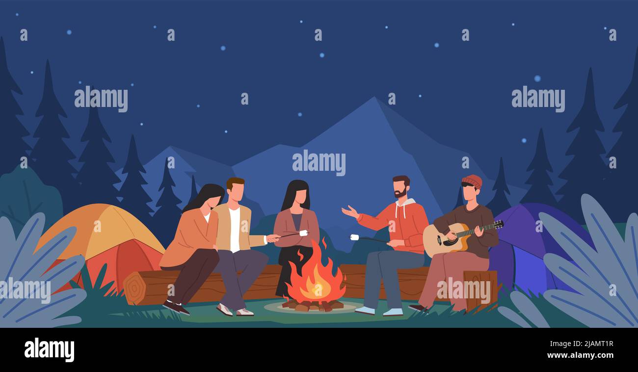 Cartoon amici Campfire. Viaggiatori personaggi incontri notturni, cena natura, turisti con tende, falò persone storie e musica di chitarra Illustrazione Vettoriale