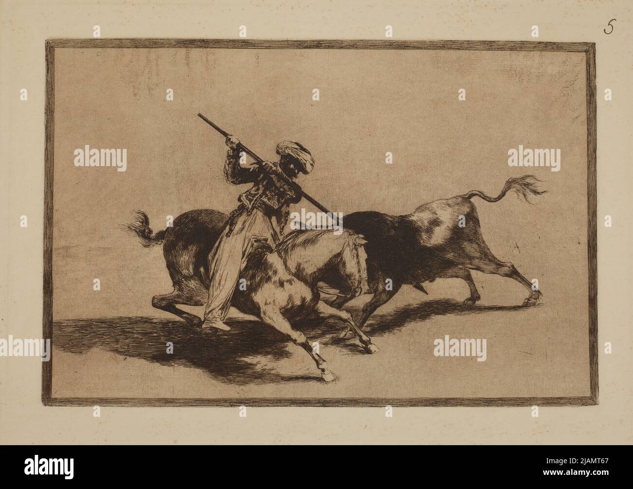 Il coraggioso Moor è il primo Gazul che ha etichettato i tori in Regal /The Brave Moor Gazul è stato il primo a combattere il toro secondo le regole; Board No. 5 da: Bullfighting, ed. III, 1876 Goya, Francisco de (1746 1828) Foto Stock