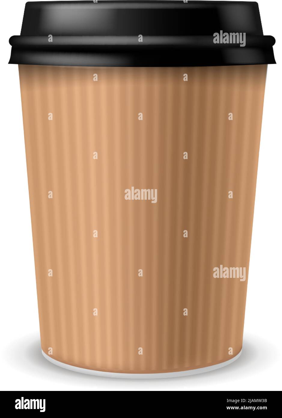 Tazza di caffè di carta. Contenitore in cartone realistico con coperchio in plastica nero. Caffè o ristorante, bevande da asporto, latte, espresso o cappuccino, pacchetto vuoto Illustrazione Vettoriale
