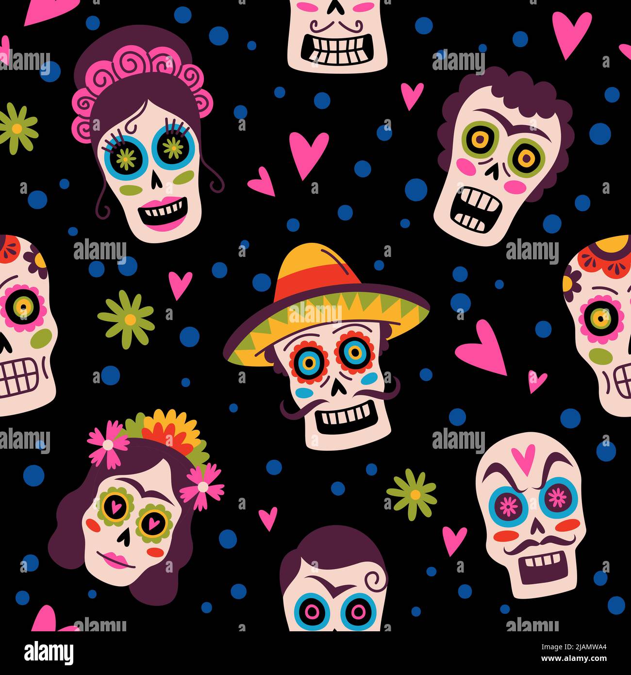 Modello Messico. Fondo senza cuciture, teschi di zucchero tradizionali in sombrero, scheletri decorativi con cuori e fiori, festa della calavera, giorno di Illustrazione Vettoriale