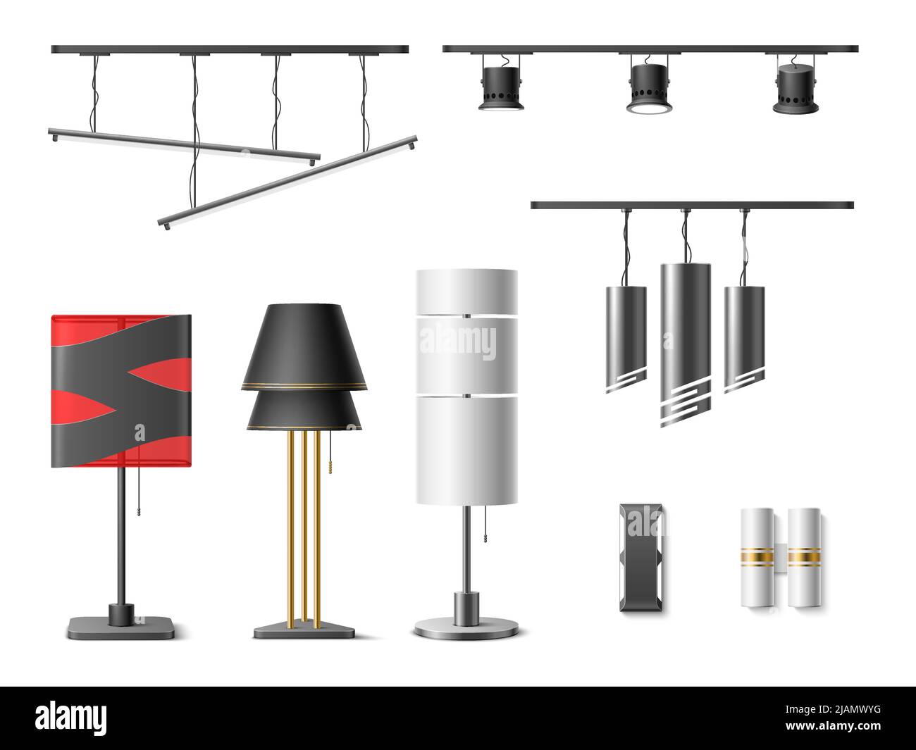 Lampade realistiche. Diversi tipi di pavimento, appendere e lampade da tavolo, lampadari loft, moderne luci della sala, accogliente stile interno minimo 3D oggetti Illustrazione Vettoriale