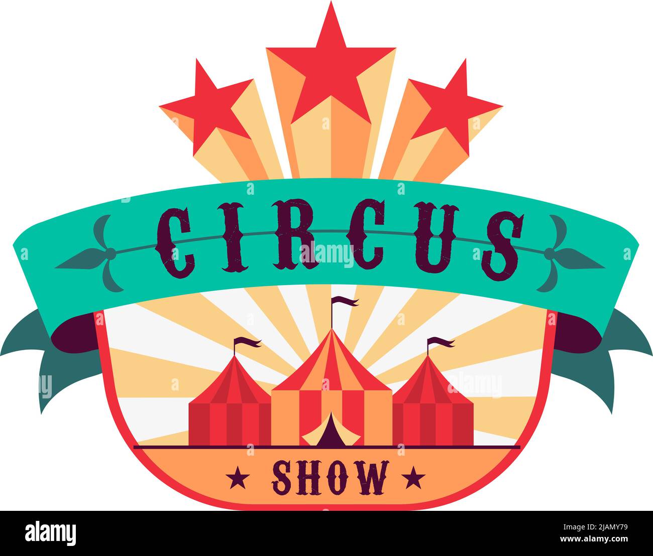 Etichetta Circus. Poster spettacolo retrò, tenda vintage, stelle con testo, benvenuto al carnevale, invito spettacolo festivo, poster del party o. Illustrazione Vettoriale