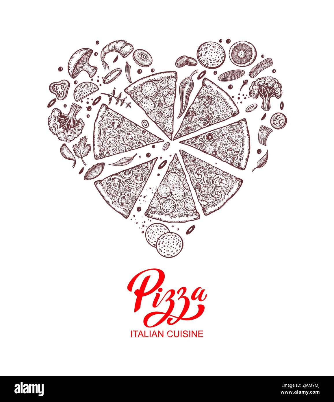 Pizza a forma di cuore. Pizza e ingredienti. Modello di design per il menu gastronomico italiano. Modello di menu pizzeria disegnato a mano. Illustrazione vettoriale Illustrazione Vettoriale