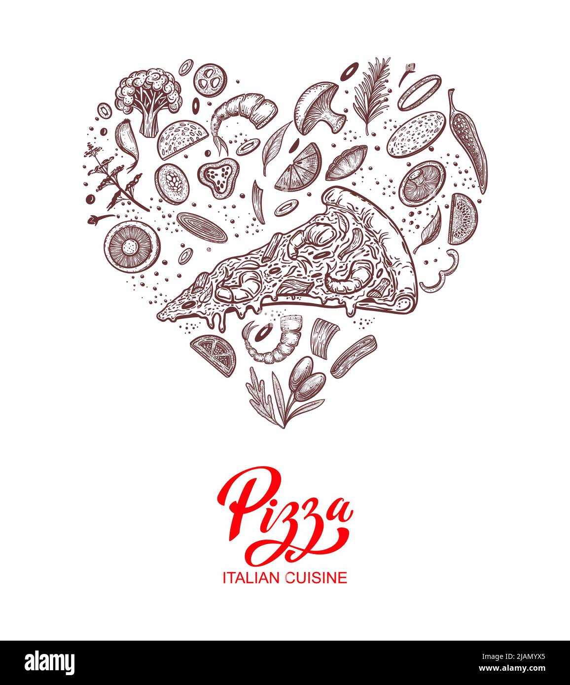Pizza a forma di cuore. Pizza e ingredienti. Modello di design per il menu gastronomico italiano. Modello di menu pizzeria disegnato a mano. Illustrazione vettoriale Illustrazione Vettoriale