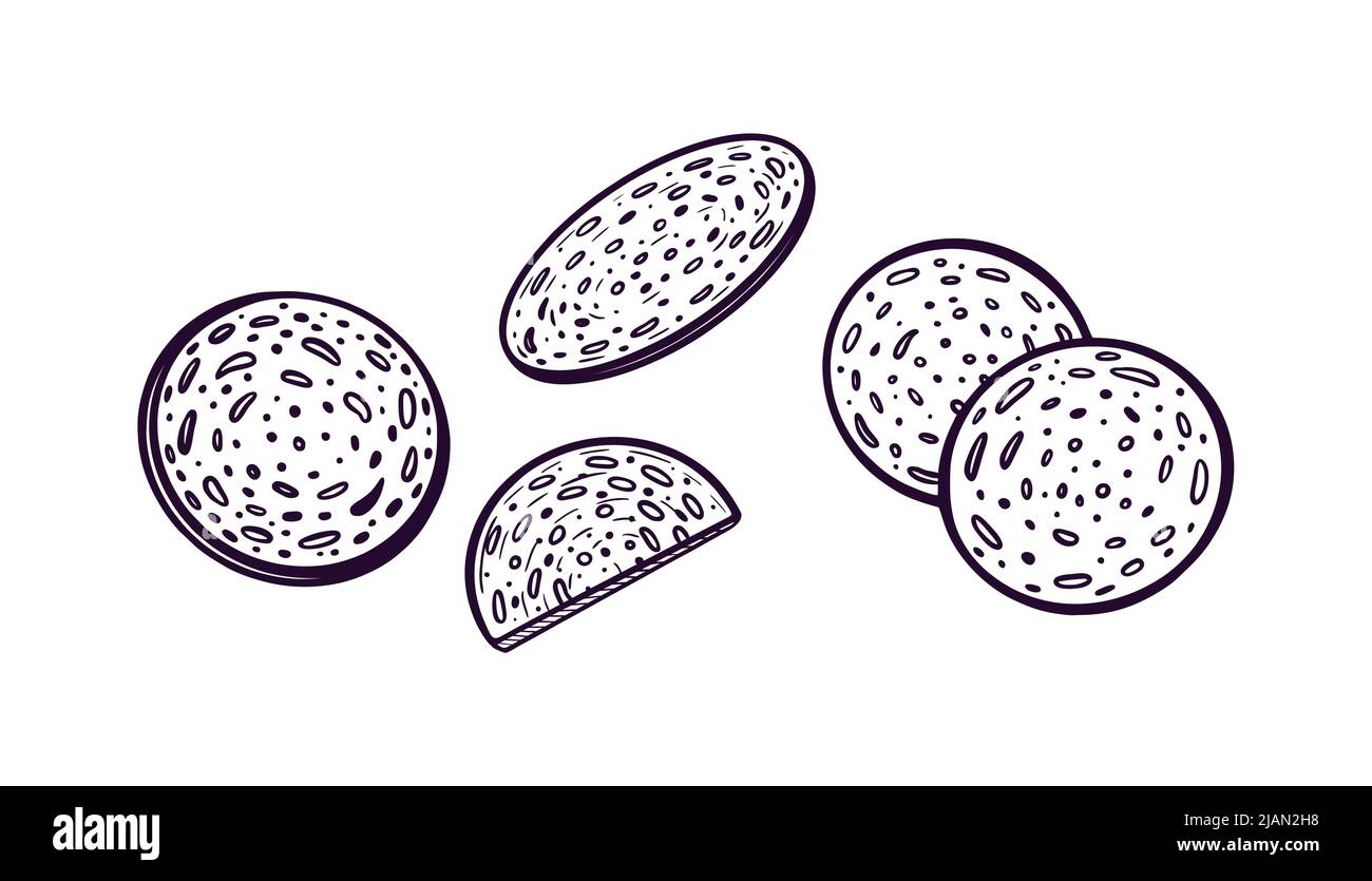 Pezzi di salsiccia di salame. Illustrazione della gastronomia vettoriale disegnata a mano, per caffè, menu, cucina, cosmetici. Prodotto a base di carne Illustrazione Vettoriale
